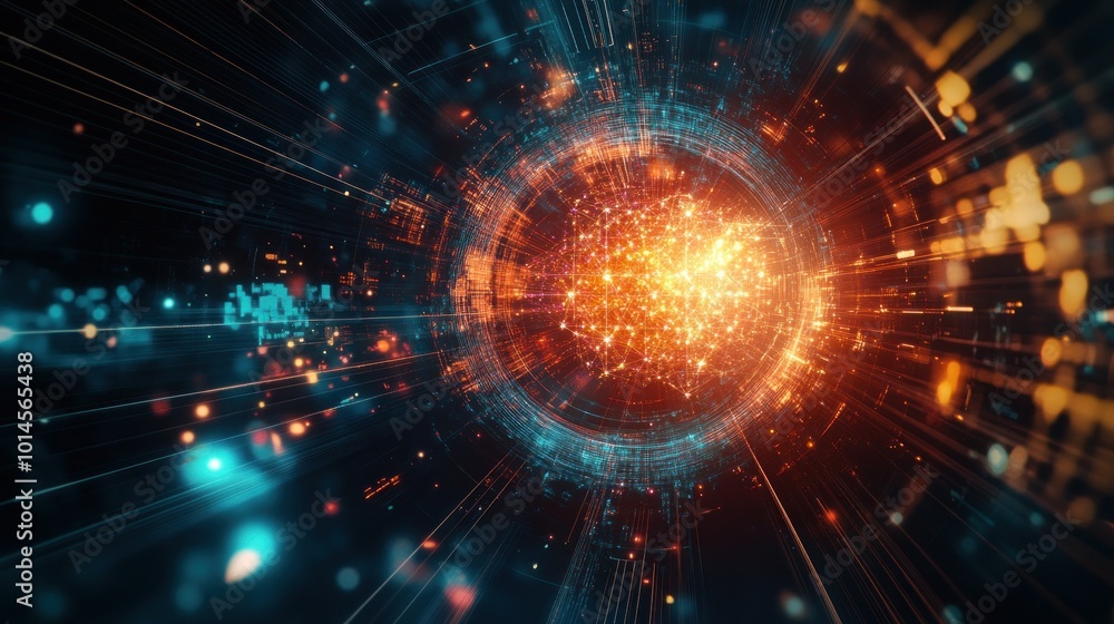 Poster Abstract Digital Sphere with Glowing Lines and Bokeh Effects