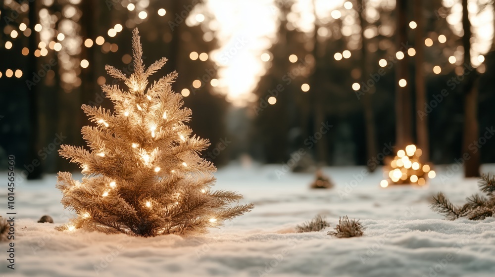 Poster a small christmas tree is lit up in the snow. the tree is surrounded by a snowy field, and the light