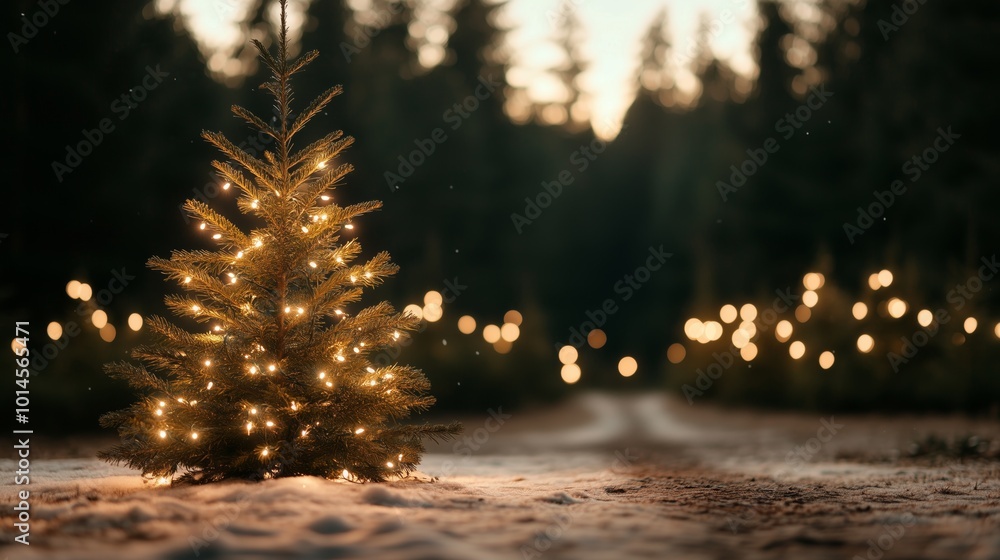 Poster a christmas tree with lights is in the snow. the tree is surrounded by a path and the snow is fallin