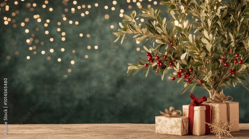 Poster a christmas tree with red berries sits on a table next to a stack of presents. the scene conveys a f