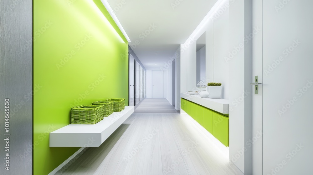 Poster the hallway has white walls with green accents. the floor is white tile, and there is a white shelf 