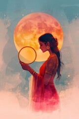 Minimalist Watercolor Woman Holding Round Sieve, Gazing at Moon in Serene Karwa Chauth Illustration
