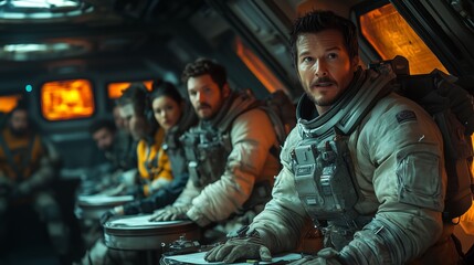 A group of astronauts are sitting in a spaceship. One of them is wearing a backpack. The scene is set in a space station