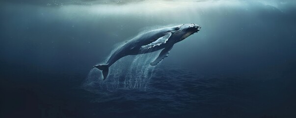 Fototapeta premium Humpback whale breaching against a backdrop of deep ocean, 4K hyperrealistic photo