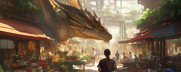 Dragon in a modern marketplace, blending with daily activities, 4K hyperrealistic photo