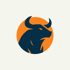 Logo illustration of a bull's head silhouette with an orange circle background