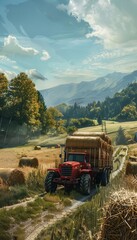 Naklejka premium Charming farm scene tractor transporting hay bales through a picturesque rural meadow