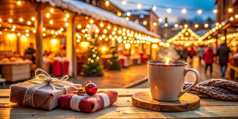 Fototapeta premium Cozy Winter Evening with Steam Rising from a Mug, Gifts, and Festive Lights in the Background