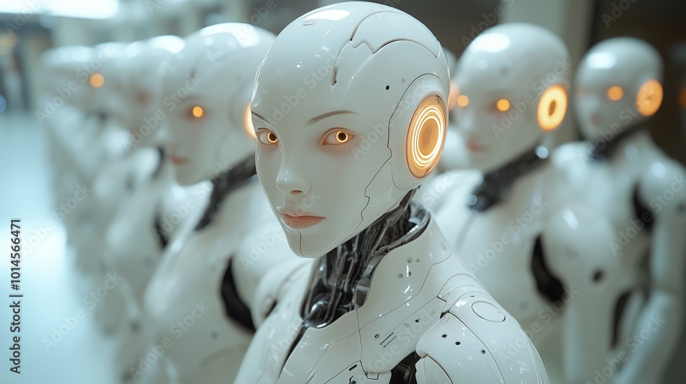 Poster a group of robots are lined up in a row, all wearing white and yellow. the robots have glowing eyes 