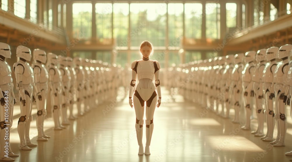 Aufkleber a woman stands in front of a large group of robots. the scene is set in a large, empty room with a l