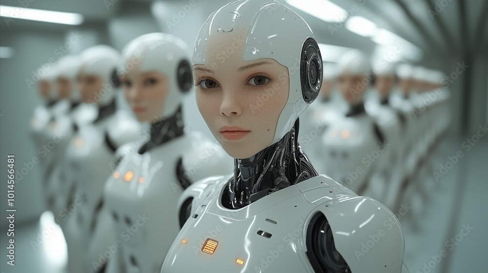 Poster a group of robots are lined up in a row, with one of them being a woman. the robots are all white an