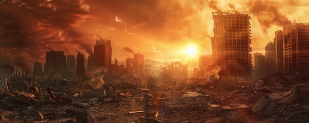 Post-apocalyptic city ruins with remnants of high-tech structures, toxic atmosphere, distant solar flares, 4K hyperrealistic photo