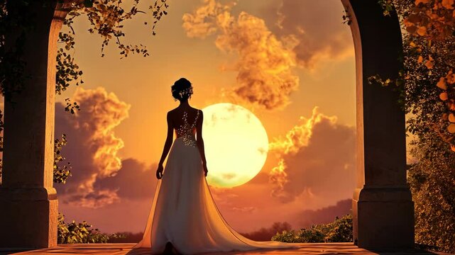 A bride walks towards a breathtaking sunset, framed by an archway, as if entering a new chapter in her life