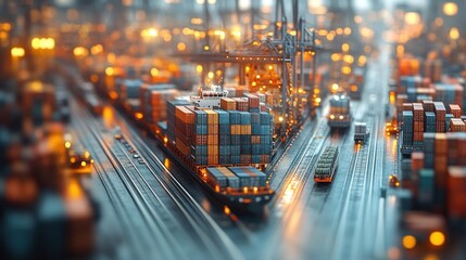 A miniature cityscape with a cargo ship, containers, cranes, and vehicles at a busy harbor at night.