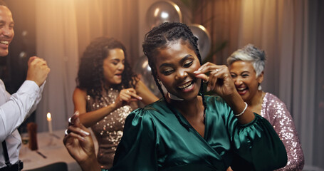 Woman, dancing and party at night, event and happy at new years eve with friends, diversity and...