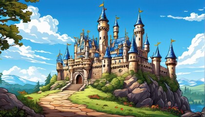 A vibrant, fairy-tale castle set against a bright sky and lush landscape.