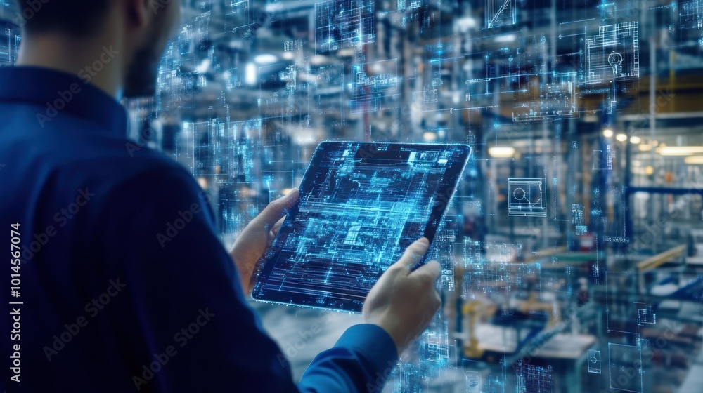 Poster man holding tablet with holographic digital interface