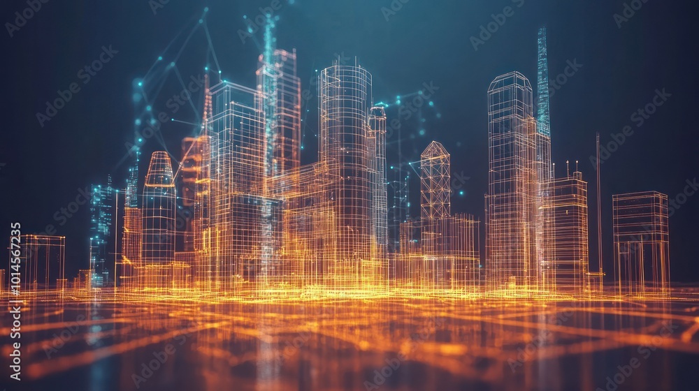 Poster digital representation of a modern cityscape with glowing lines