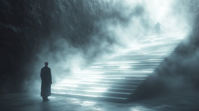 A man is walking down a staircase in a foggy, dark environment. The atmosphere is eerie and mysterious, with the man appearing to be alone and lost in thought