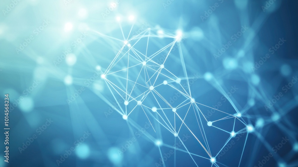 Poster abstract digital network representation with interconnected nodes and lines on a blue background.