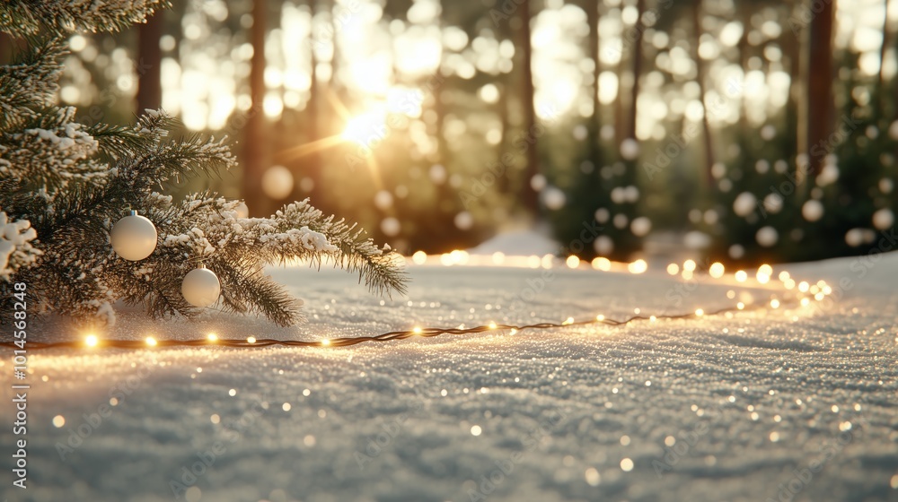 Poster a christmas tree with white ornaments and a string of lights. the lights are on the ground and the t