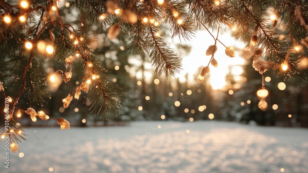 Poster a tree with lights on it in the snow. the lights are on the branches and the snow is on the ground