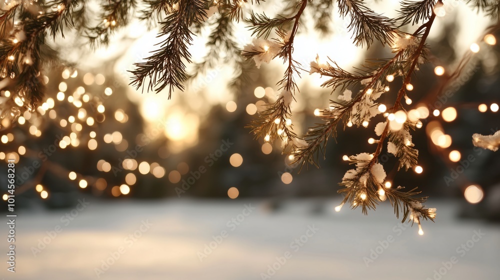 Poster a tree branch with lights on it. the lights are on the tree branch and the background is snowy