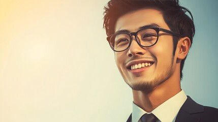 A vibrant and dynamic business image featuring young, stylish Japanese men in suits, exuding confidence and professionalism. These cheerful individuals are smiling, showcasing their bright personaliti