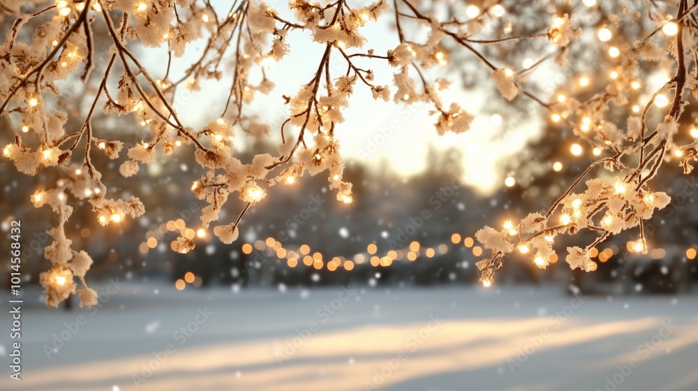 Poster a tree branch covered in snow and glowing with lights. the lights are on, creating a warm and inviti
