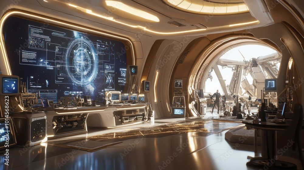 Poster futuristic control room with view of exterior structure
