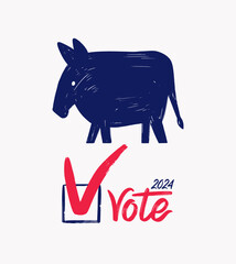 Template vintage banner of the 2024 US Presidential Election. Drawn by hand with a brush strokes donkey democrat. Symbol of political party in America. Vote 2024. Vote day 2024, November 5.