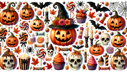 Fototapeta premium ハロウィンのジャックオーランタンとロリポップの水彩イラストコレクション
