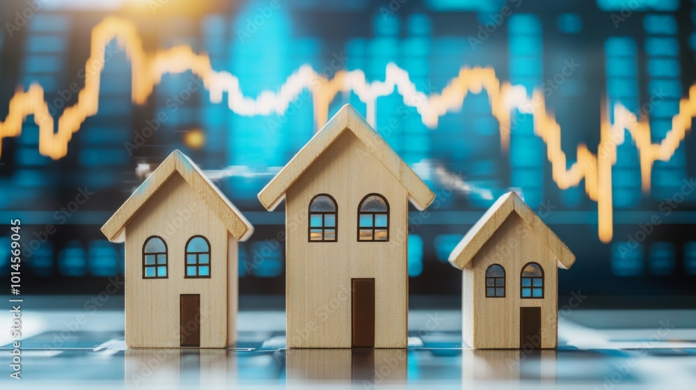 Poster a visual representation of wooden houses with a financial graph in the background, symbolizing real 