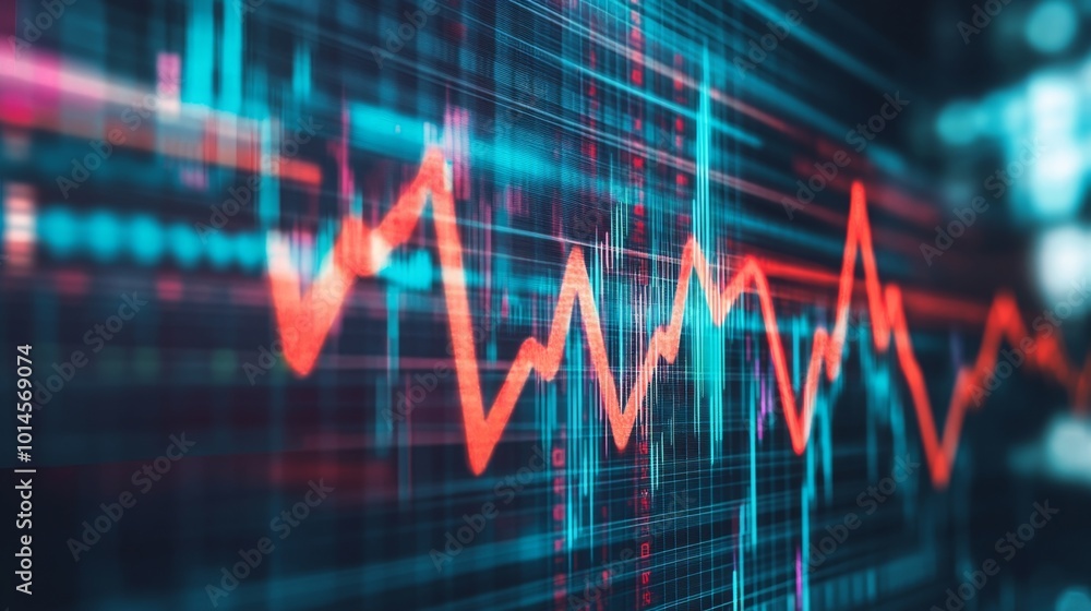 Poster a vibrant, digital graph displays fluctuating data trends with red and blue lines, capturing the ess