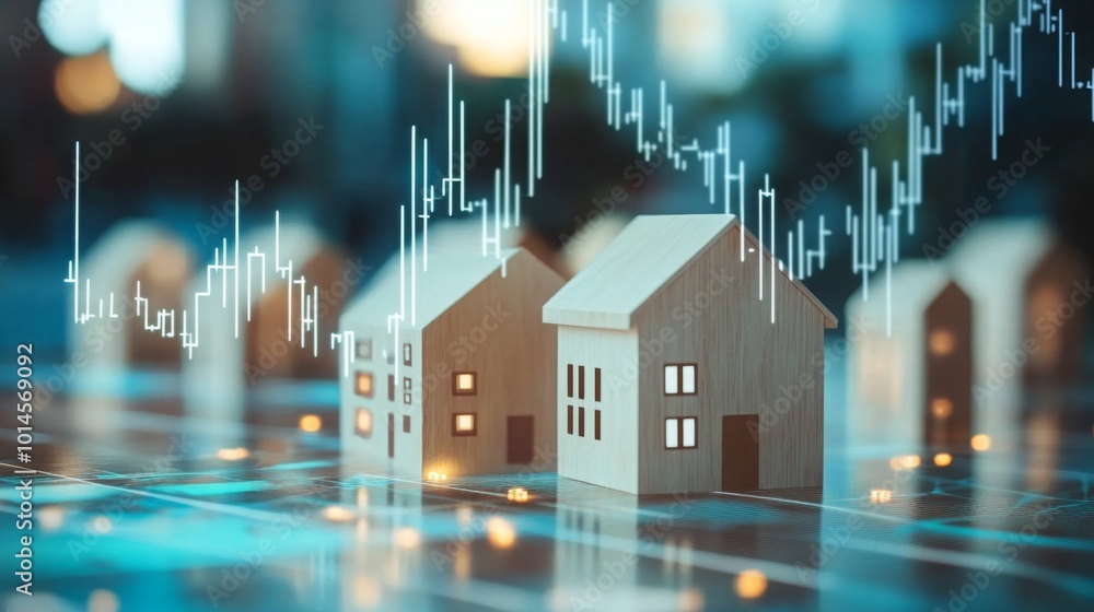 Poster A visually engaging representation of houses with a financial graph, symbolizing the intersection of real estate and economic trends.