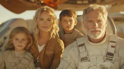 A family of four is posing for a picture in front of a spaceship. The man is wearing a white jumpsuit and the woman is wearing a brown jacket. The children are wearing space suits