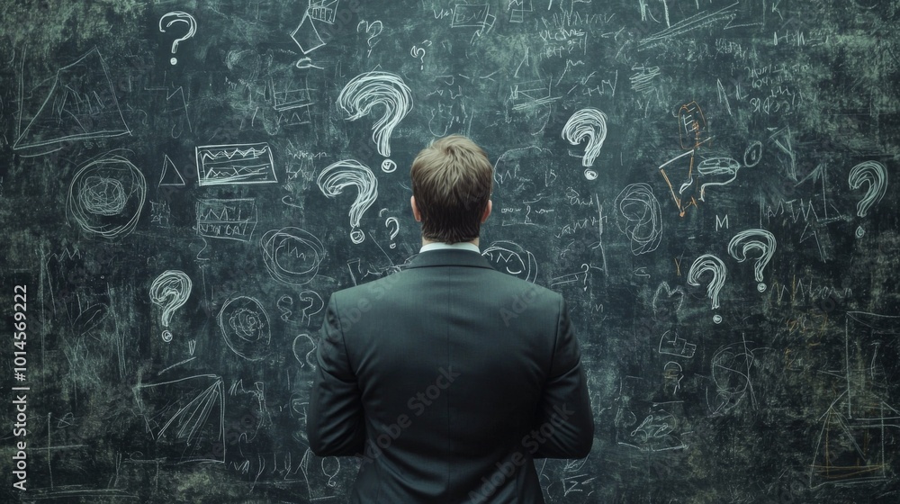 Poster a man in a suit stands before a chalkboard filled with question marks, symbolizing confusion or sear
