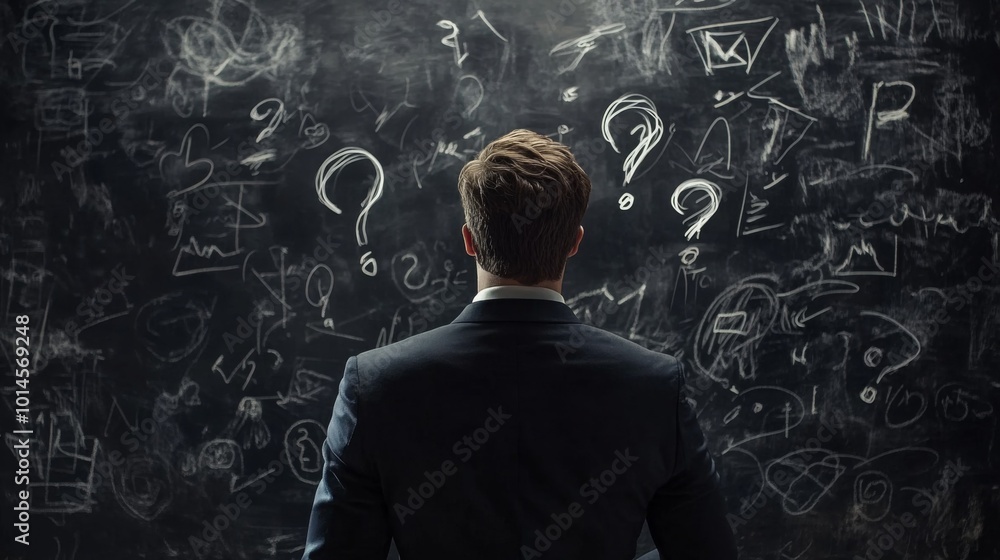 Poster a businessman contemplates various questions illustrated on a chalkboard, symbolizing curiosity and 