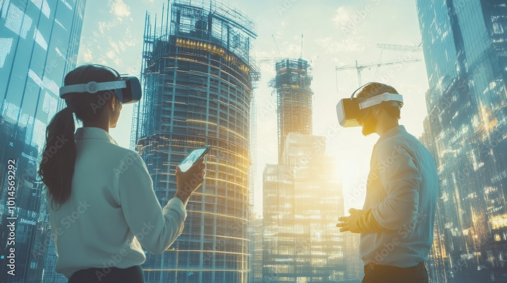 Poster two people using virtual reality headsets to view construction of a skyscraper