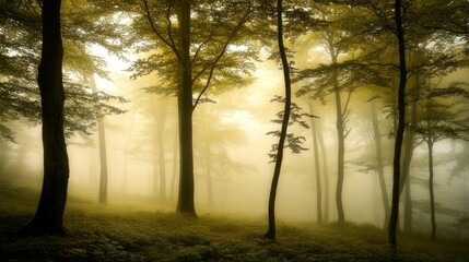 Fototapeta premium Misty Forest with Tall Trees and Golden Sunlight