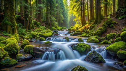 Cascading Stream Through a Verdant Forest, Sunlight Filtering Through Dense Canopies, Moss-Covered Rocks and Lush Foliage Along the Winding Watercourse