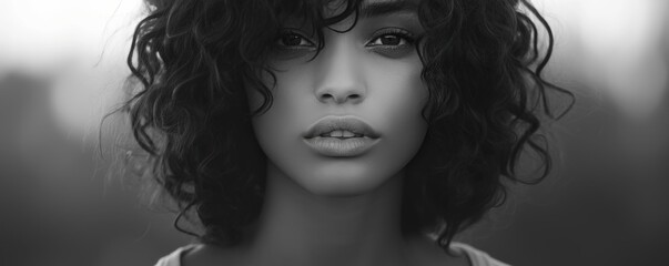 Fototapeta premium Black and white portrait of a woman with curly hair, elevated view, gentle bokeh background, 4K hyperrealistic photo