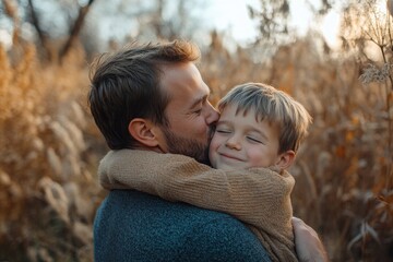 Fototapeta premium Father bonding kiss and boy child hug happy in nature with quality time together outdoor Happiness laughing and family love of a dad and kid in a park enjoying nature hugging with care and a smile