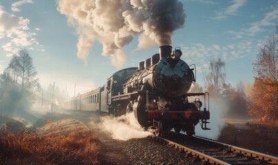 Classic steam engine puffing smoke on rural tracks, 4K hyperrealistic photo