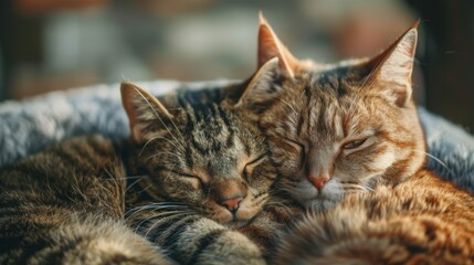 Obraz premium Two cute cats snuggling together while sleeping
