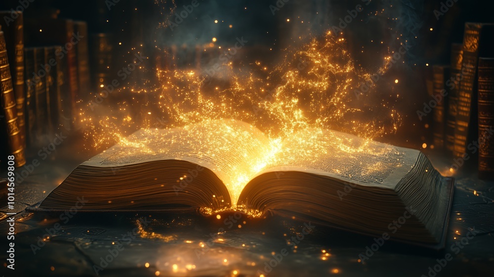 Poster a book is open to a page with a glowing flame. the flame is surrounded by a bright orange glow, and 