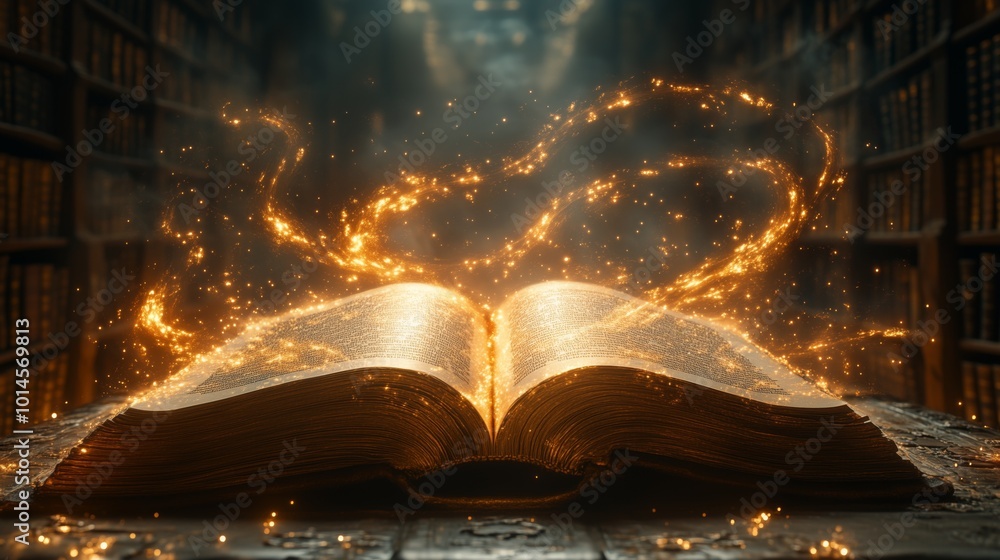 Poster a book is open to a page with a glowing, swirling light around it. the light seems to be emanating f
