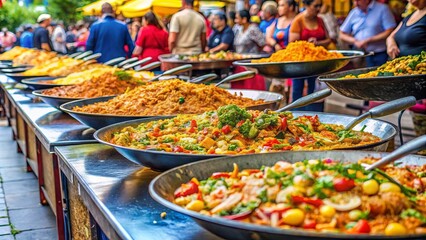 A row of large bowls filled with diverse and colorful culinary creations, showcasing a vibrant street food market scene