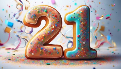 Decorated cookie, number 21, illustration for birthday or anniversary celebration