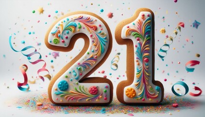 Decorated cookie, number 21, illustration for birthday or anniversary celebration